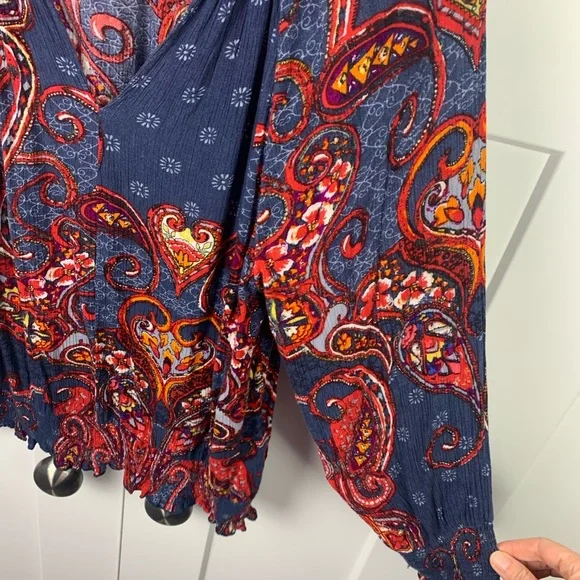 Venus Peasant Boho L Blouse Smocked Top Paisley Colorful Western Americana - Picture 7 of 10